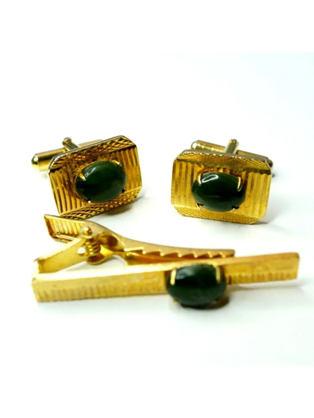 Vintage Mid Century Gold Tone Green Cabochon Cufflinks Tie Bar Set